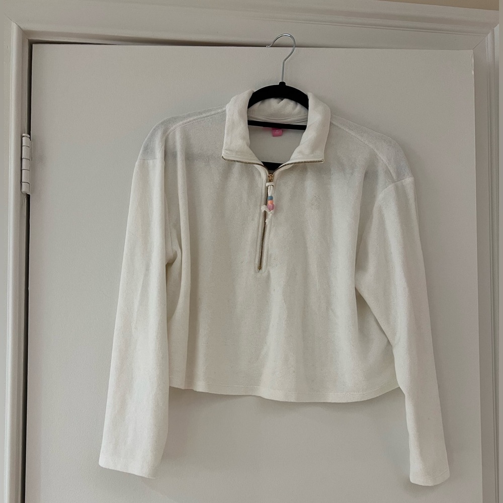 Stoney Clover White Terry Crop Top. 1/4 zip. Size Medium
